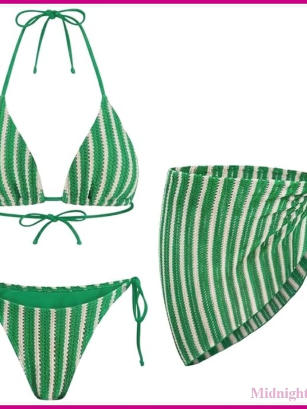 3 Piece Crochet Bikini Set with Halter Tie Side Swimsuit and Cover Up